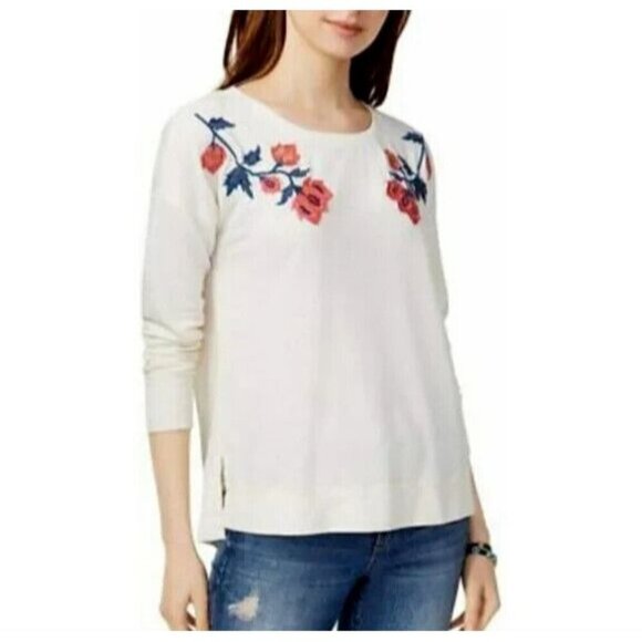 LUCKY BRAND Long Sleeve Top Embroidered Crew Neck Cream M 70-3 - Picture 1 of 16